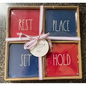 Rae Dunn Red and blue patriotic coasters Rest Peace Set Hold Nwt Square